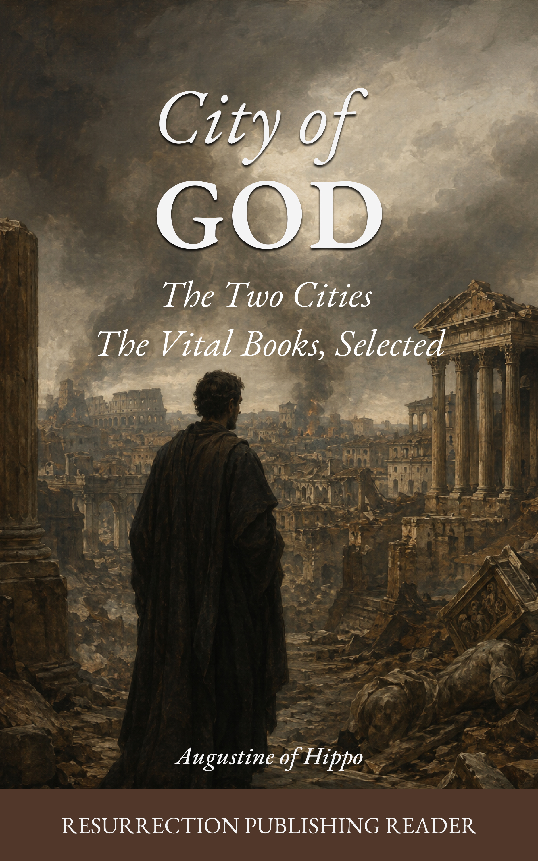 Cover of The City of God — a cloaked figure overlooking burning, ruined Rome under a storm-darkened sky